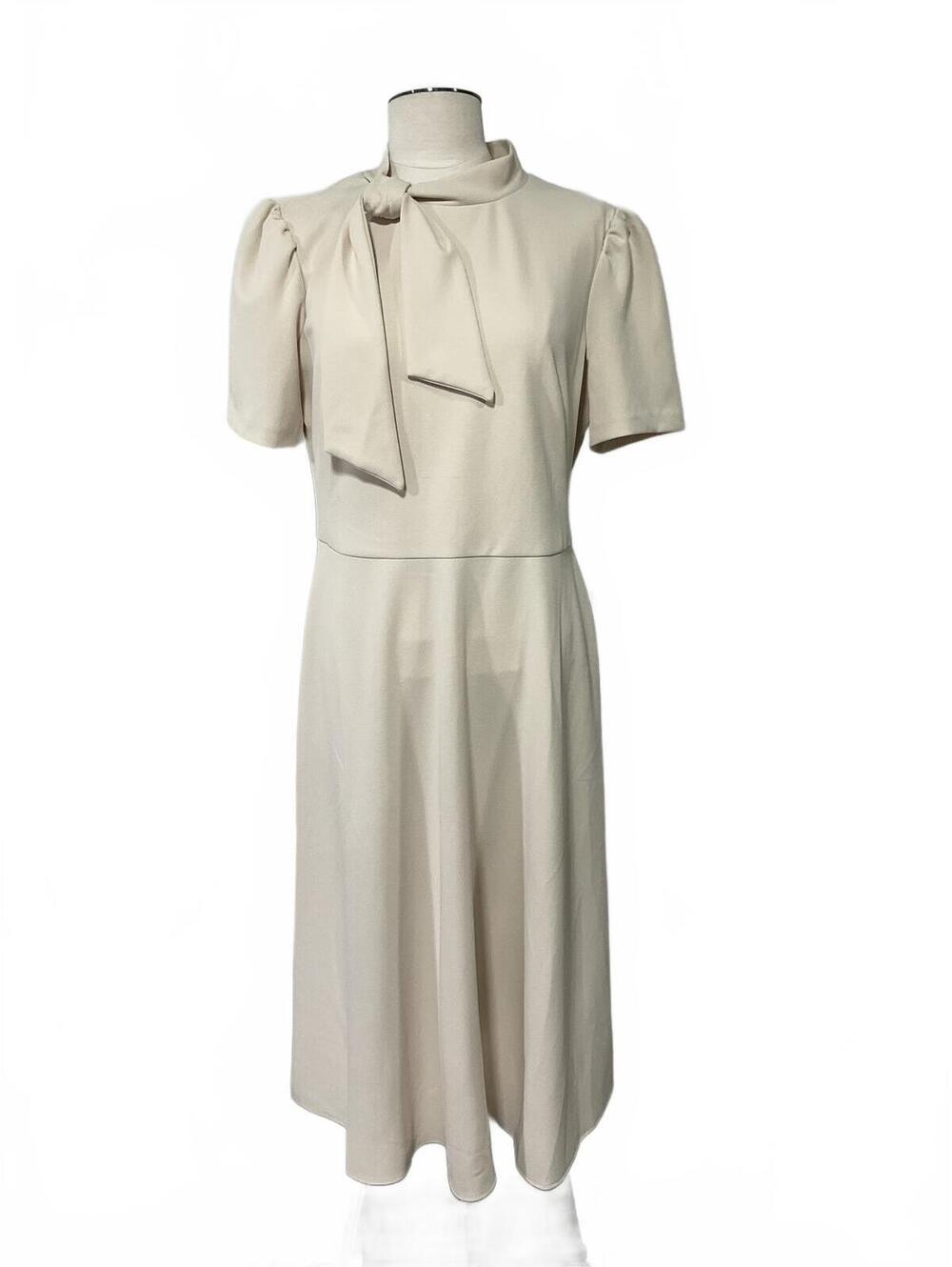 Maggy London Cream Midi Dress with Tie Neck and Puff Sleeves Size 10 dd2